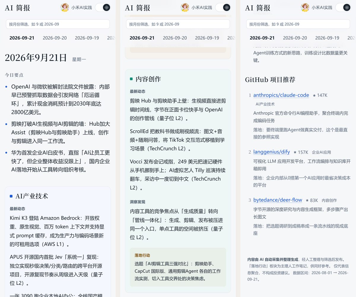 AI 简报系统界面：每日 AI 动态按赛道分组